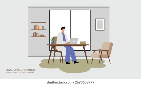 Minimal 2D Ilustración vectorial plana de un doctor sentado en un escritorio con un ordenador portátil en una cámara moderna
