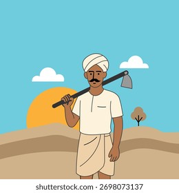 Ilustración vectorial mínima 2d de un agricultor indio