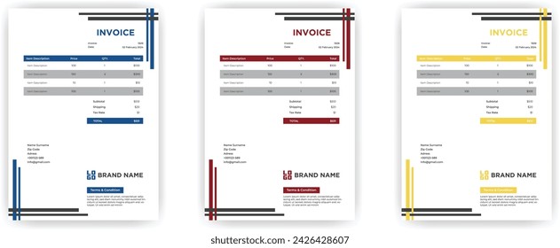 Minimal 3 color Invoice vector template design