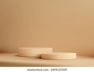 Minimal 3D Beige Cylinder Podium on Light Brown Floor for Product Display and Mockup, Modern Style Design for Showroom Showcase