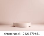 minimal 3d beige cylindrical platform mockup on pale pink backdrop, elegant product display stand for modern branding, advertising, or ecommerce showcase in clean aesthetic studio lighting