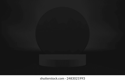 Minimal 3d black display podium mock up for product show realistic vector illustration. Advertising stand semi circle pedestal with round wall background rendering aesthetic fashion promo showcase