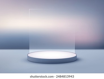 Minimal 3D Blue Podium with Square Clear Glass Backdrop on Blue Sky Background, Product Display Mockup