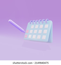 Minimal 3d calendar icon and pencil. Vector illustration.