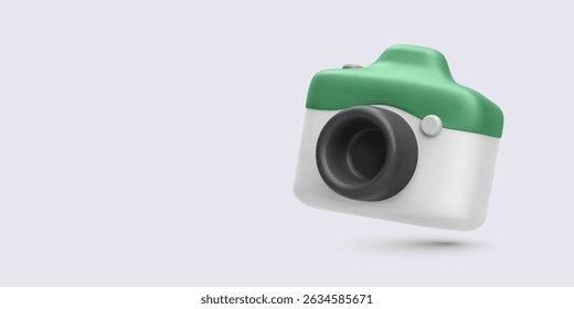 Minimal 3D Camera With Green Top And Black Lens Floating On Light Background, Symbolizing Photography, Travel Memories, Or Visual Content Creation. Ideal For Modern Design. Vector Illustration.