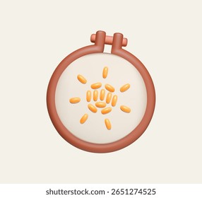 Minimal 3D cartoon illustration of embroidery hoop with orange stitches on fabric, top view on light background, cute handmade style.