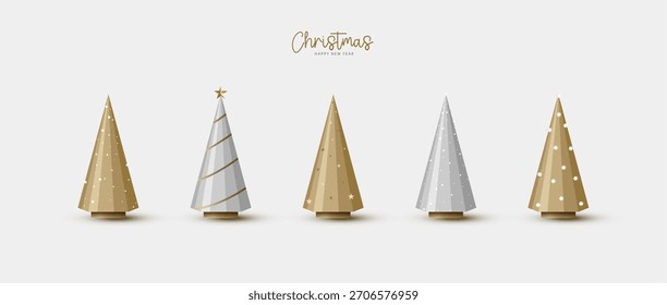 Árboles de Navidad เviejos mínimos en 3D en diseño festivo moderno, conjunto de decoración navideña para Navidades y temas de Año Nuevo, gráficos de celebración invernal, adornos estacionales y Elementos elegantes.