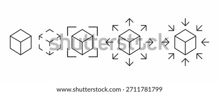 Minimal 3D cube icon set showing selection, focus frame, expand and compress actions. Clean outline symbols for UI, apps, infographics, and design tools.