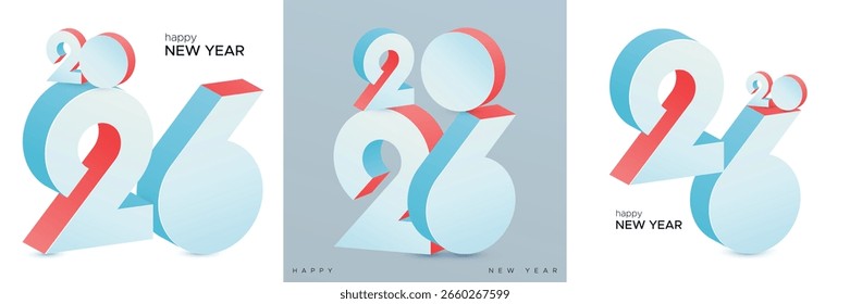 Design 3D mínimo de 2026 usando tons de azul e coral, perfeito para cartazes de celebração de Ano Novo moderno, saudações digitais e conteúdo visual de mídia social