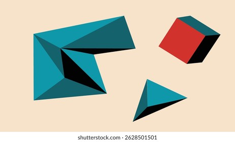 Minimal 3D geometric objects including cubes and pyramids in red, teal, and black tones over a beige background. Modern and abstract design.