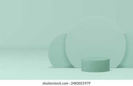 Minimal 3d green cylinder podium light geometric showroom space realistic vector illustration. Trendy pastel pedestal mock up for product presentation display with round wall background for show
