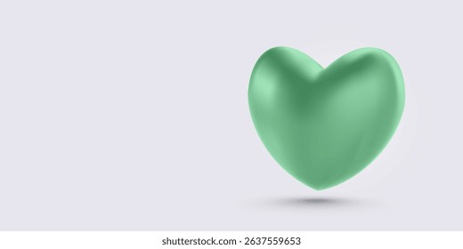 Minimal 3D Green Heart with Smooth Surface and Soft Shadow Floating on Light Background. Ideal for Love, Romance, or Wellness Concepts. Vector Illustration.