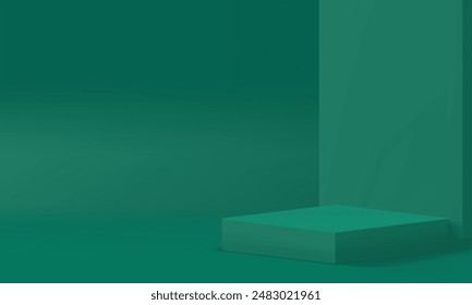 Minimal 3d green showroom podium pedestal mock up for presentation realistic vector illustration. Geometric shapes trendy rendering banner squared platform with wall background for show advertising