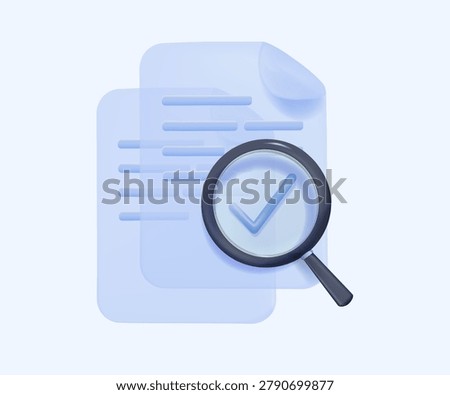 Minimal 3D illustration of documents with a magnifying glass icon, representing search, document review, auditing and data analysis concepts for business software and digital platforms