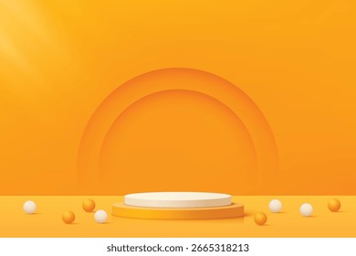 Minimale 3D-Mockup-Szene mit weißem und orangefarbenem Podium, kreisförmiger Kulisse und Kugeln auf orangefarbenem Hintergrund für die Produktdarstellung.
