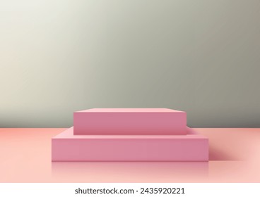 Minimale 3D-Podium-Attrappe. Mit einer weichen grünen Wand und einem rosa Podium ist diese Szene perfekt für professionelle Produktpräsentationen. Vektorgrafik