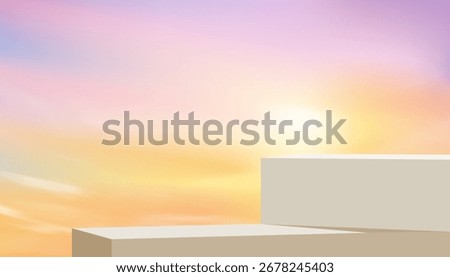 Minimal 3D podium with soft pastel gradient sky at sunset, abstract background for product display, presentation template, stage design, or modern showcase
