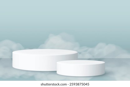 Minimal 3D Podium Vector: White Cylindrical Platforms, Light Blue Cloud Background, Side-by-Side Arrangement, Product Display Scene, Matte Finish, Ethereal Texture, Modern Design