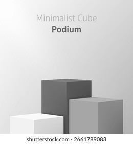 Minimal 3D realistic white and grey rectangle podium stand with three steps on a soft background. Perfect for cosmetic mockup, product display showcase, promotional sale banner or modern design