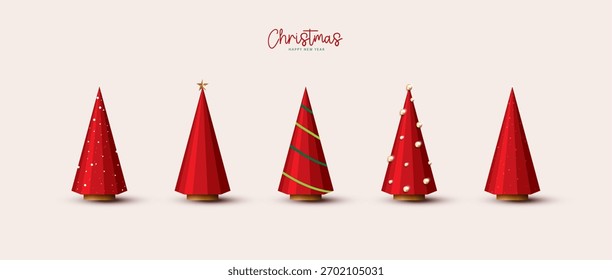 Minimal 3D red Christmas trees in modern festive design, holiday decoration set for Christmas and New Year themes, winter celebration graphics, seasonal ornaments, and stylish elements.