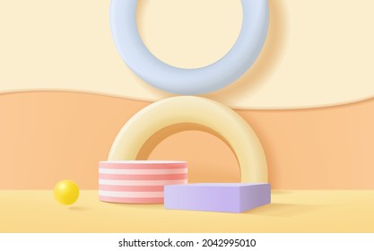 Minimal 3D Rendering Podium Scene For Kids Or Baby Product With Pastel Background.
