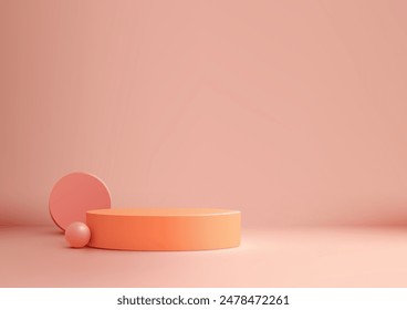 Minimal 3D Round Podium on Pink Background with Circle and Ball Elements for Modern Product Display, Mockup, and Showcase