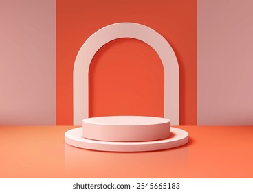 A minimal 3D scene featuring a white podium and archway set against a vibrant orange and pink background. Perfect for product displays, artwork showcases, and modern mockups
