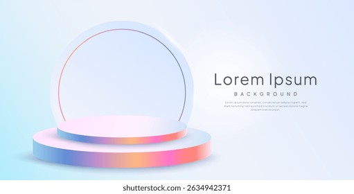 Minimal 3D scene with iridescent podium and round neon frame on white background. Ideal for showcasing products, cosmetics, tech, or luxury items in futuristic and elegant digital designs.