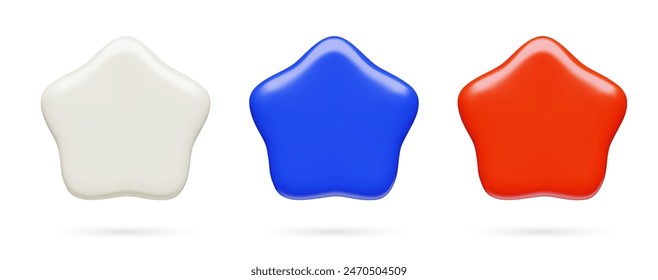 Iconos de forma de estrella en 3D mínimos. Conjunto de Elementos de diseño de Vector tridimensionales azul, blanco y rojo.