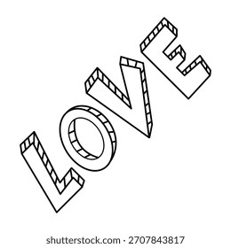Ilustración de texto minimalista en 3D “LOVE” con letras delineadas. Perfecto para temas románticos, diseños de San Valentín, arte tipográfico y proyectos gráficos modernos.