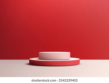 Minimal 3D two tiered podium with a pink top and red base on a white floor and red backdrop. Showcasing products in a modern, elegant setting mockups and displays