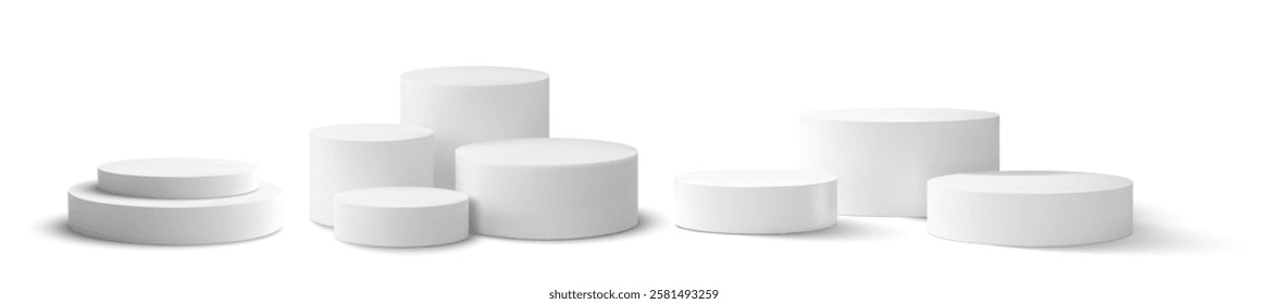 Minimal 3d vector illustration showcasing multiple white cylindrical podiums in various sizes. Ideal for product displays, branding mockups, or sleek interior design concepts.