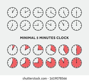 Minimal 5 minutes flat round clock set. Simple 5, 10, 15, 20, 25, 30, 35, 40, 45, 50, 55 minutes timer. 