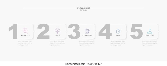 Minimal 5 step flow chart infographic template. Each step designed with bold sequence number, linear icon and paper sculpture square, suitable for presentation and website.