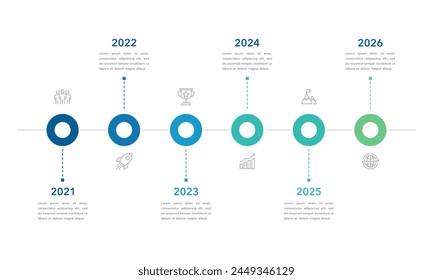 Minimal 6 Steps Infographic Timeline Template Presentation with Circular Elements, Icons and Text Boxes. Vector illustration.