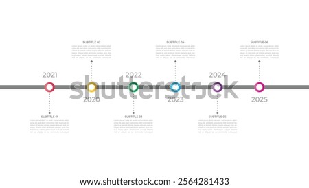 Minimal 6 Steps Infographic Timeline Template Presentation with Circular Elements, Icons and Text Boxes. Vector illustration.