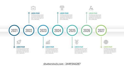 Minimal 7 Steps Infographic Timeline Template Presentation with Circular Elements, Icons and Text Boxes. Vector illustration.