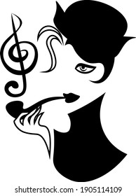 minimal abstract 20s woman with tobacco pipe and treble clef