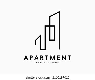 Logotipo mínimo y abstracto del apartamento. El arte de la línea vectorial forma una torre o edificio. Elegante diseño para empresa, arquitectura, desarrollador, residencia.
