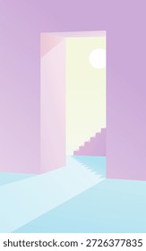 Mínima cena arquitetônica abstrata com uma entrada geométrica pastel e escada com luz suave e atmosfera surreal calma. Ilustração vetorial moderna ideal para planos de fundo criativos, conceituais e de design.