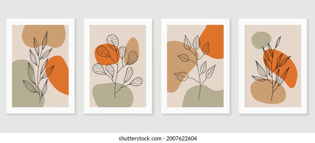 Minimal abstract art background vector. Wall art design for home decoration. Home plant, flower, botanical doodle hand drawn design for cover, banner, invitation, prints, poster, wallpaper.