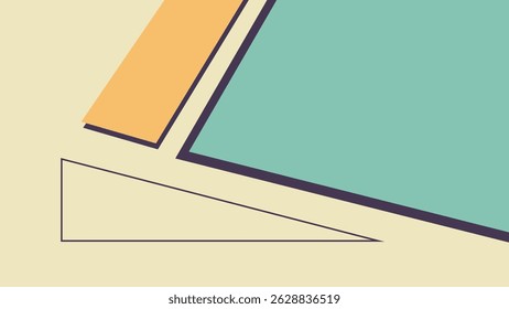 Minimal abstract art featuring bold overlapping shapes in cream and orange tones with dynamic angles and a half-circle on a coral background.