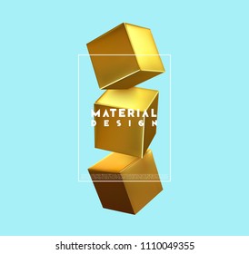 Minimal abstract art with geometric shapes, stylish background with 3d elements gold cube. Fashion poster, banner, design card vector illustration