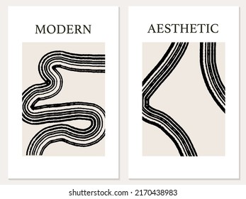 Composición mínima de impresión de arte abstracto. Resumen póster moderno de mediados de siglo con elementos de líneas negras para afiches, cubierta, papel pintado, decoración de pared, postal, estacionario, saludo, listo para imprimir