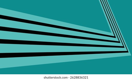 Minimal abstract artwork with dynamic black and turquoise angled lines converging into a corner, expressing motion and depth on a flat teal background.