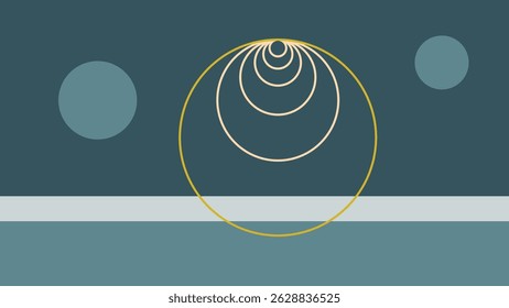 Minimal abstract artwork featuring concentric circles and soft blue elements with clean lines, set against a dark blue and teal background.