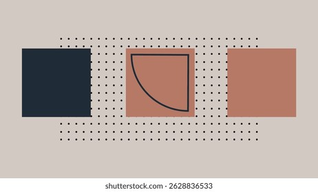 Minimal abstract artwork with solid and outlined squares over a dotted grid background, offering a clean and geometric composition in soft earthy tones.