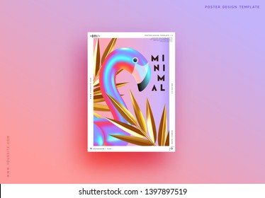 Minimal Abstract Background with 3d objects, gradient bird flamingo, geometric golden shape palm leaves. Trendy banner, poster, website cover. Summer party style flyer