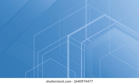 Minimal abstract background in blue with geometric line elements and modern transparent shapes for clean tech designs