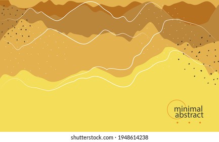 Minimal abstract background with mountains or simple waves in flat style. Yellow, orange and gold colors. Hand drawn white strokes and confetti. Suitable for wallpapers, landing pages, web. Vectored.